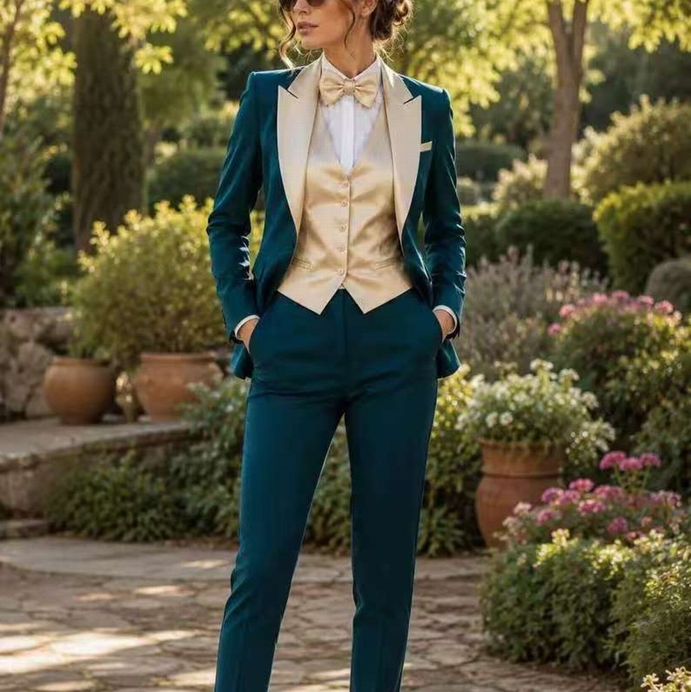 Blazer Set Women Formal - Blauw-groene champagnekleurige formele zakelijke damespak voor
