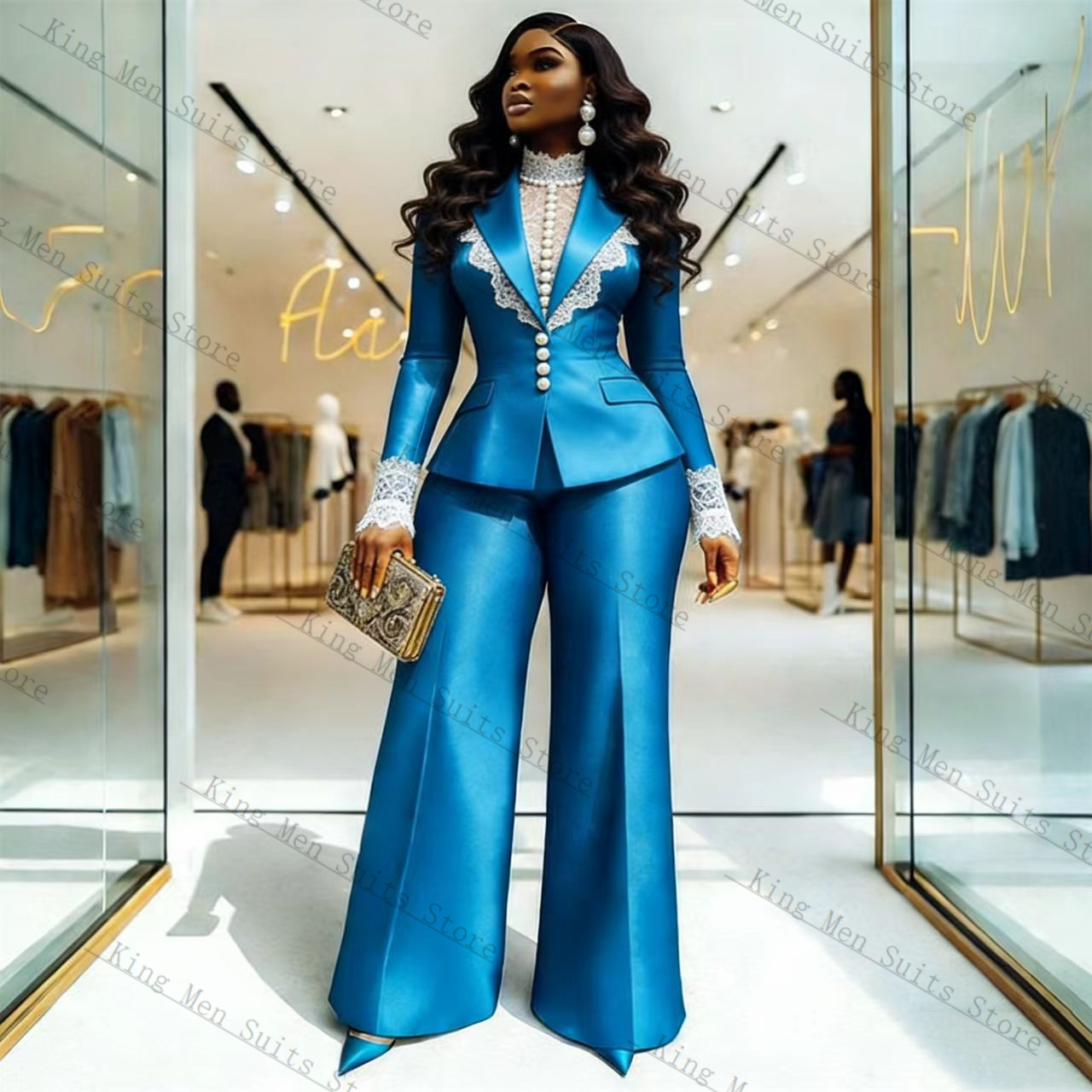 Women'S Formal Wear Jackets - Blauw Satijn Kant Vrouwen Pak Set