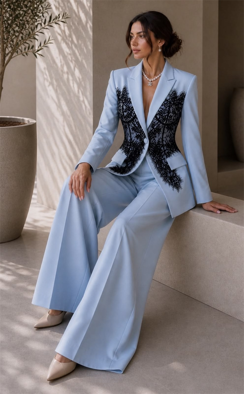 Women'S Formal Wear Jackets - Mode blauwe damespakken set 2-delige blazer