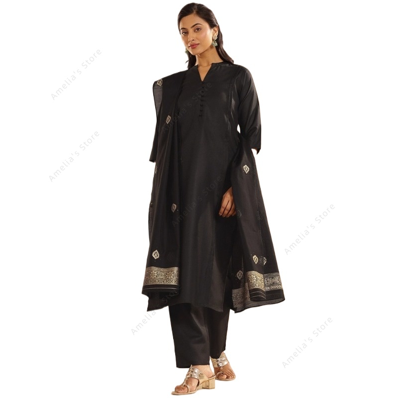 Women Formal Wear Indian - Dames Zwart Jacquard Kurta Pant Dupatta