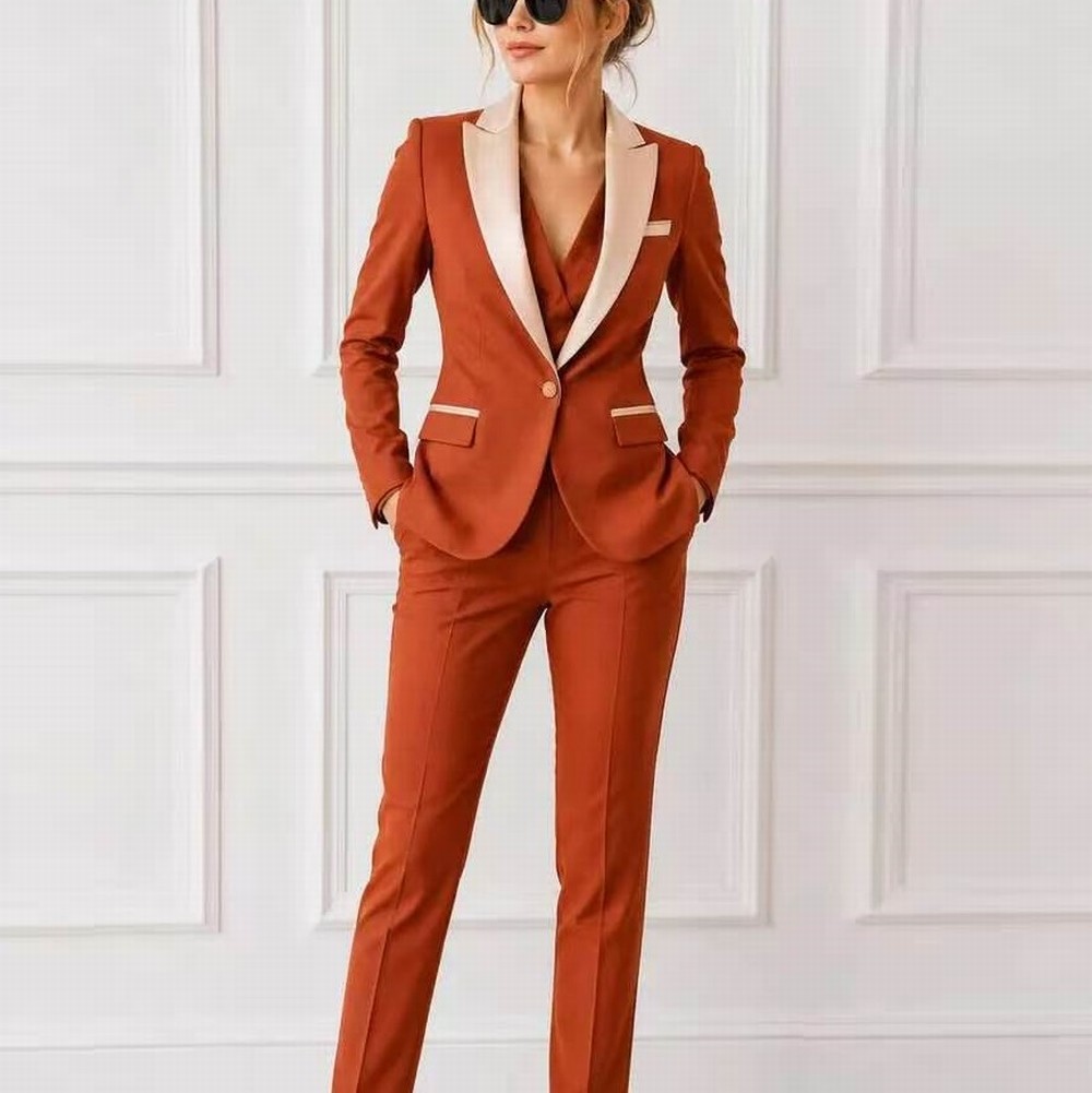 Blazer Set Women Formal - Beige kraag oranje formele zakelijke damespak