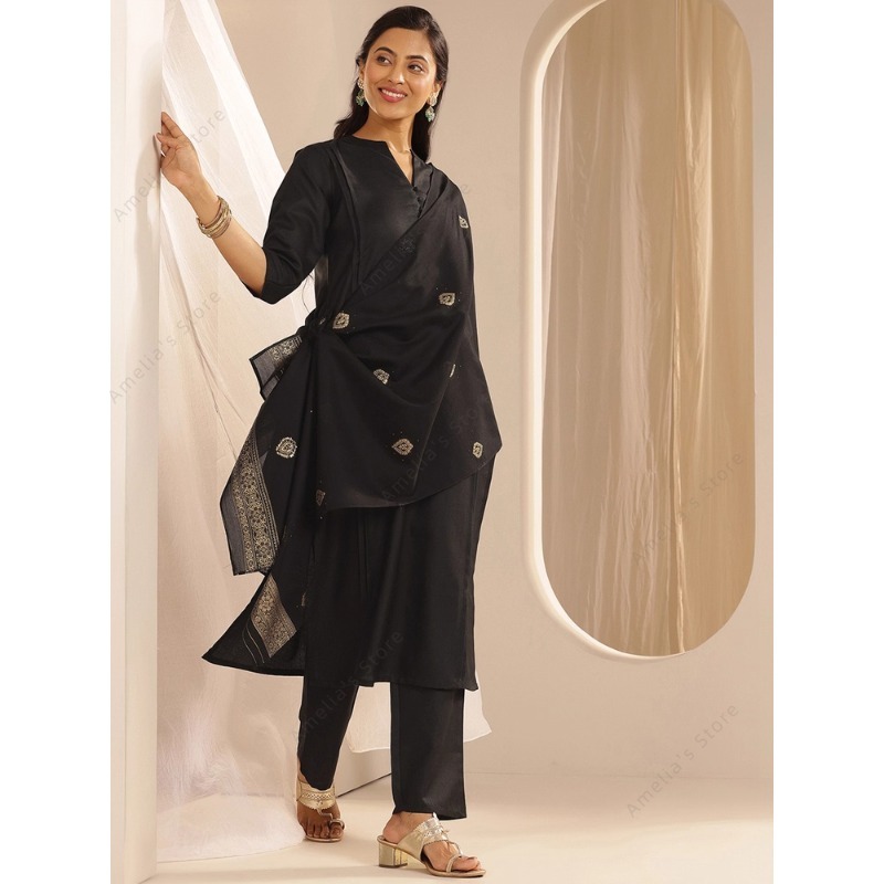 Dames Zwart Jacquard Kurta Pan - Women Formal Wear Indian recensie en prijs